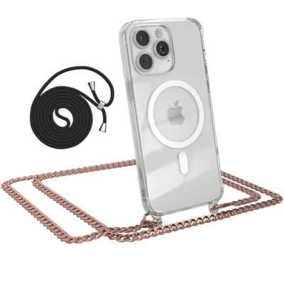 Abbildung von EAZY CASE Handykette kompatibel mit iPhone 15 Pro Max Kette zum Umhängen Stoßfest Handyhülle für Silikon Hülle Band aus Metall Transparent als Fallschutz in Rosé Gold