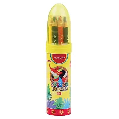 Abbildung von Keyroad Buntstifte Dreieckig JUMBO 12 Stück/Mischfarben/Erwachsene und Kinder/Weicher Graphit/Ideal für MalbücherLoch zum Aufhängen/in einer raketenförmigen Metalltube