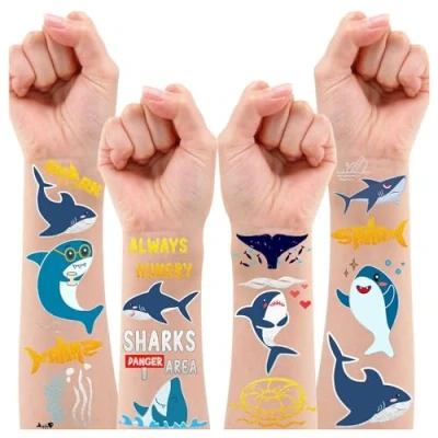 Abbildung von Leesgel Tattoo Kinder Hai Spielzeug, Metallic Glitzer Aufkleber Jungen Kindertattoos, Mitgebsel Kindergeburtstag Geburtstagsdeko Geschenke Party Deko Unter dem Meer