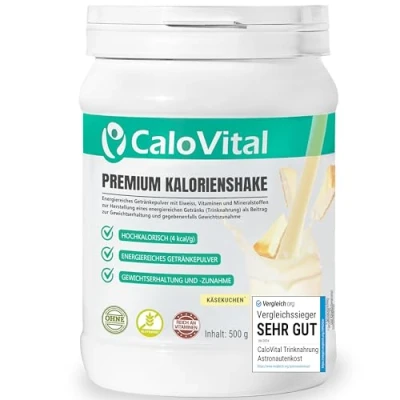 Abbildung von Trinknahrung hochkalorisch für Gewichtszunahme Kohlenhydrate &amp; Eiweiß als Kalorien Shake Hochdosiert mit vielen Vitaminen CaloVital Premium Qualität aus Deutschland (Käsekuchen 500g)
