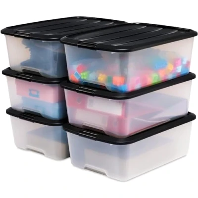 Abbildung von Iris Ohyama Aufbewahrungsbox mit Deckel, 30L, 6er Set, Schwarz, Schnappverschlüsse Griffen, Stapelbar, Stark &amp; Langlebig, Für Kleidung, Garage, Zuhause, Büro, Plastikbox, Lagerung TB 30