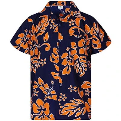 Abbildung von King Kameha Funky Hawaii Hemd, Herren, Kurzarm, Hibiscus, Navy Orange, L