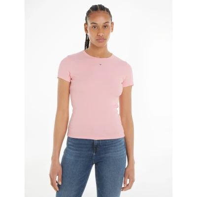 Abbildung von Tommy Jeans T Shirt Slim Essential Rib Shirt, Rippshirt Rundhalsshirt in Rippoptik, mit Logostickerei