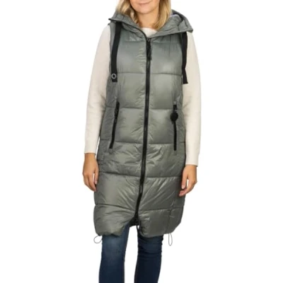 Abbildung von DENIMFY Steppweste Damen lang mit Kapuze Regular Fit DFCaro Weste Knielang Outdoor Reißverschluss Taschen Herbst Winter Grün S, Größe:S, Farbe:Mistletoe Green