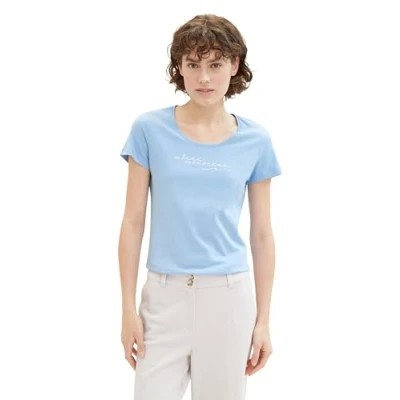 Abbildung von TOM TAILOR Damen Basic T Shirt mit Logo Print, 34587 Light Fjord Blue, XXL