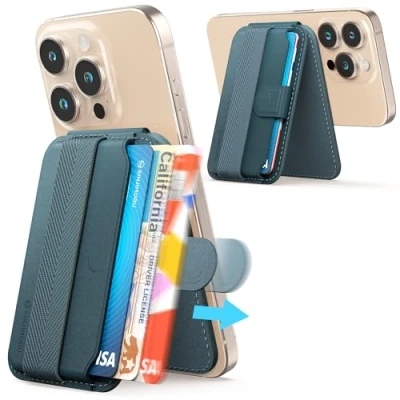 Abbildung von Sinjimoru Magnetischer Kartenhalter mit Auswurffunktion, Handybrieftasche für MagSafe Ständer, kompatibel iPhone 16 15 14 13 12 Serie. M Pull Tab Stand Marineblau