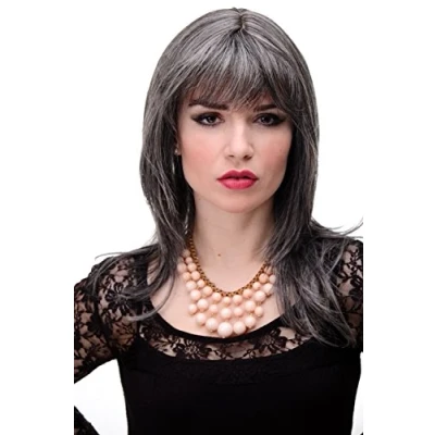 Abbildung von WIG ME UP 3003 44 Schulterlange Damen Perücke Grau Dunkelbraun Mix glatte Haare mit Pony ca. 50 cm