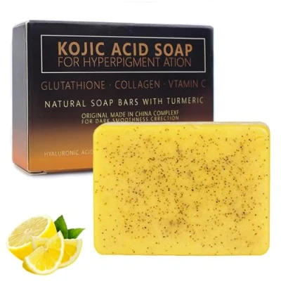 Abbildung von 100g Turmeric Kojic Acid Soap,Turmeric Soap,kurkuma Seife Bio,Kojisäure Seife,Lemon Soap Vitamin C Seifenstück Brightening Original für Gesicht und Körper Badeseife