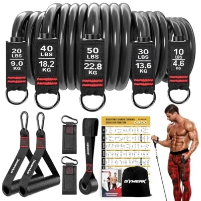 Abbildung von GYMERK Resistance Bands Set, Expander Fitness Mit Gummigriffe, Trainingsplakat, Knöchelriemen, Türanker, Tragtasche, 5er Verschiedene Widerstandsstufen Ideal für Krafttraining (Schwarz150LBS)