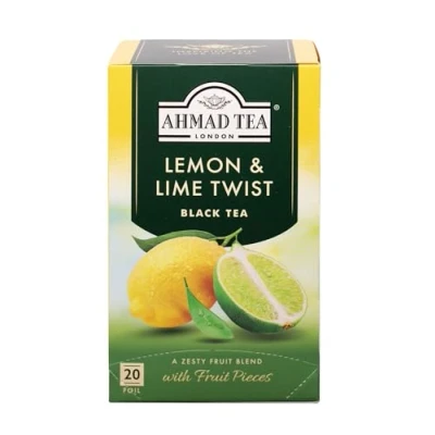Abbildung von Ahmad Tea Lemon &amp; Lime Twist Schwarztee mit Zitrone und Limette Fruchtstücken Einzeln Verpackte, Aromaversiegelte Teebeutel 2g Tee pro Portion 20 Band