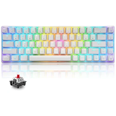 Abbildung von 60% mechanische Mini Tastatur, kompakt 68 Tasten, USB C, kabelgebunden, RGB 18 Chroma Rainbow Hintergrundbeleuchtung, tragbar, kompatibel mit PS4, Xbox, PC, Laptop Weiß/Red Schalter