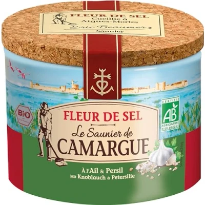 Abbildung von Le Saunier De Camargue Fleur Sel Knoblauch Petersilie in 125 g Dose, Premium Meersalz aus Süd Frankreich, Ideal als Finishing von Speisen