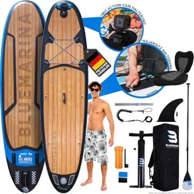 Abbildung von Bluemarina Stand Up Paddle Board aufblasbar 𝟓 𝐉𝐀𝐇𝐑𝐄 𝐆𝐀𝐑𝐀𝐍𝐓𝐈𝐄 140 kg Tragkraft 325x86x15 cm Paddling Set Aufblasbares SUP Surfbrett (Ariki Black Yacht 325x86x15cm)