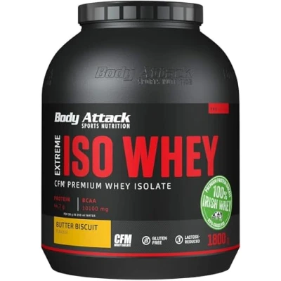 Abbildung von Body Attack Extreme Iso Whey, Butter Biscuit, 1,8 kg CFM Whey Protein Isolat aus 100% irischer Weidemilch, glutenfrei, reich an EAAs, perfekt löslich, fettarm, ohne Aspartam, 90,6% Anteil