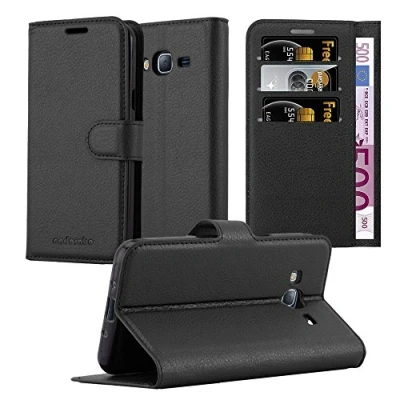 Abbildung von Cadorabo Hülle kompatibel mit Samsung Galaxy J3 2016 Handyhülle aus Kunst Leder Flip Klappbare Stoßfeste Magnetische [Standfunktion] [Kartenfächern] Cover für Tasche in Schwarz