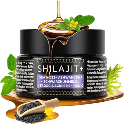 Abbildung von Shilajit Sea Moss Ashwagandha Schwarzkümmelöl Fadogia Agrestis &amp; Manuka Honig 25g 82% Fulvinsäure Mumijo Hochdosiert I Natürlicher Geschmack 60 Tage Sonnen Trocknung
