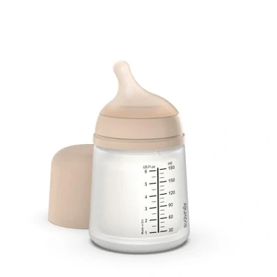 Abbildung von Suavinex, Anti Colic Babyflasche Zero Zero, mit anpassbarem Silikon Sauger (A), für Babys ab 0 Monaten und Neugeborene, speziell Stillen, Muttermilch Säuglingsnahrung, 180 ml, Light
