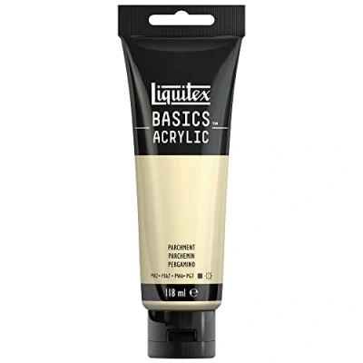 Abbildung von Liquitex 8870058 Basics Acrylfarbe, monopigmentierte Künstlerpigmente, lichtecht, mittlere Viskosität, Archivqualität, seidenglänzender Finish, 118ml Tube Pergament