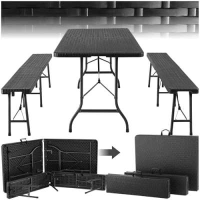 Abbildung von tectake® 3 teiliges Gartenmöbel Set, klappbarer Campingtisch mit 2X Bierbank, Balkonmöbel, Garten oder Terrassentisch Bierzeltgarnitur, Tragegriffen, 180cm lang (schwarz)