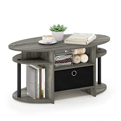 Abbildung von Furinno JAYA Ovaler Couchtisch mit schlichtem Design und Abfalleimer, Französische Eiche/Schwarz/Schwarz