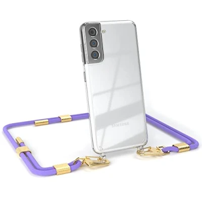 Abbildung von EAZY CASE kombinierbare Handyketten kompatibel mit Samsung Galaxy S21 5G, Transparente Silikon Hülle stylischen rundem Umhängeband, Abnehmbarer Karabiner, Gurt, Lavendel Lila Clips Gold