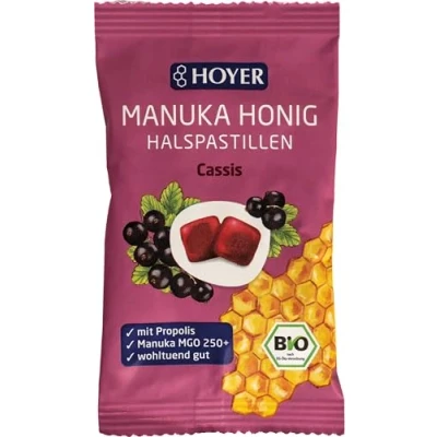 Abbildung von HOYER Manuka Honig Halspastillen Cassis Bio Mit Propolis echtem Manukahonig, MGO 250+ Wohltuend für Hals &amp; Rachen 30 g