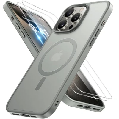 Abbildung von Miracase Magnetisch für iPhone 15 Pro Hülle Magsafe[mit 2 Schutzglas] Militärschutz Stoßfest Kratzfest Anti Fingerabdruck Samtige Touch Dünn Handyhülle 6,1 Zoll, Grau