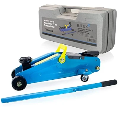 Abbildung von BITUXX Hydraulischer Rangierwagenheber 2T flach Wagenheber hydraulisch 2 Tonnen Hubhöhe von 13,5 cm bis 33,5 inkl. Gummiauflage und stabilem Transportkoffer