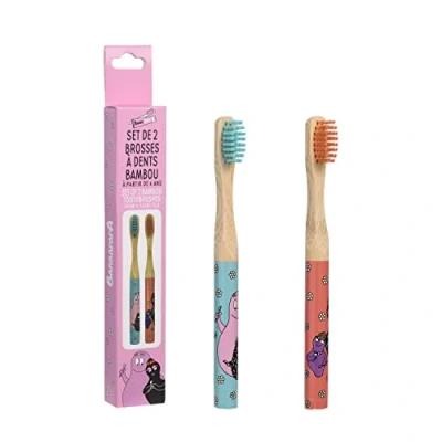 Abbildung von Barbapapa, Set mit 2 Kinderzahnbürsten aus Bambus, Zahnpflege, Zahnhygiene, Kinder, Junior, 14,5 cm, TAKE CARE