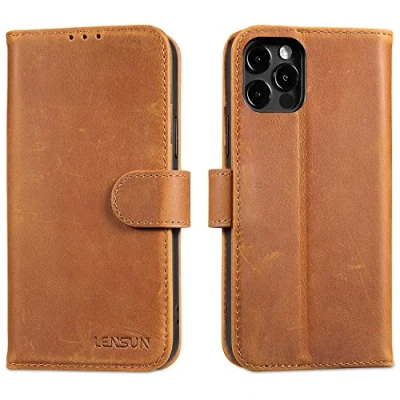 Abbildung von LENSUN Echtleder Hülle für iPhone 12, 12 Pro 5G Handyhülle [Echtes Leder][Magnetverschluss][RFID Schutz] Handytasche Lederhülle Klappbar (6,1 Zoll) Vintage Braun
