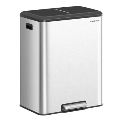 Abbildung von SONGMICS Mülleimer Küche, Mülltrennsystem 2 x 30 L, Fächer für Recycling und Restmüll, Abfalleimer, Inneneimer, Edelstahl, Softclose Deckel, breites robustes Pedal, metallicsilber LTB556E01