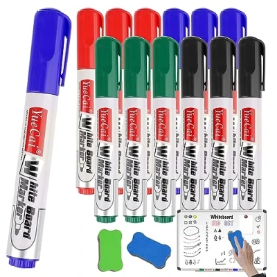 Abbildung von Deepton Whiteboard Marker, 12 Stück 4 Farben Stifte Abwischbar, Non Permanent Dry Erase White Board Marker Pens für Schule, Büro, Zuhause Rundspitze 3mm