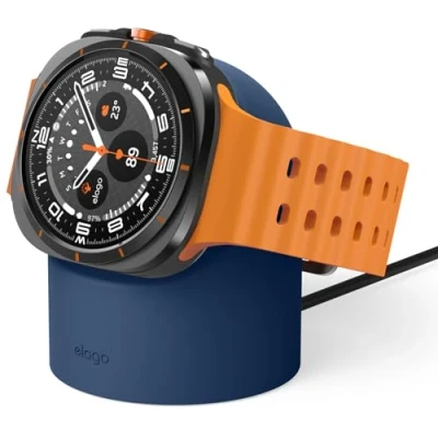 Abbildung von elago Ladestation für Samsung Galaxy Watch 7/7 Ultra / 6/6 Classic 5/5 Pro [40/43/44/45/47mm] Ladegerät, Nachttischmodus, Kabelmanagement [Kabel Nicht im Lieferumfang Enthalten] (Dunkelblau)