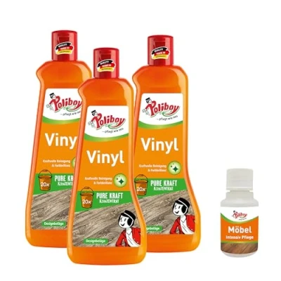 Abbildung von poliboy 99A4101, Konzentrat 3er mit Möbel Probe Vinyl und Designbodenreiniger (zur kraftvollen Reinigung von Kunststoffböden Made in Germany)