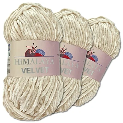Abbildung von Wohnkult Himalaya 3 x 100 g Velvet Dolphin Wolle 40 Farben zur Auswahl Chenille Strickgarn Flauschwolle Glanz Accessoire Kleidung Decken (90042 Beige)