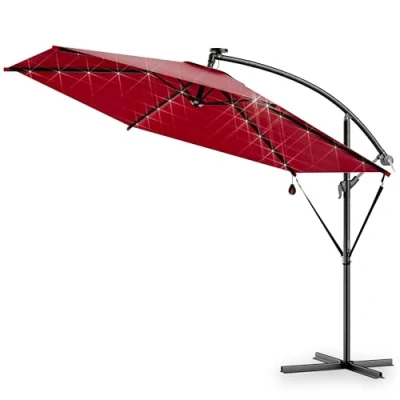 Abbildung von Kingsleeve® Ampelschirm LED Beleuchtung UV Schutz 80+ Solar Ständer Schutzhülle 300cm Groß Kurbel Balkon Terrasse Gartenschirm Sonnenschirm Rot
