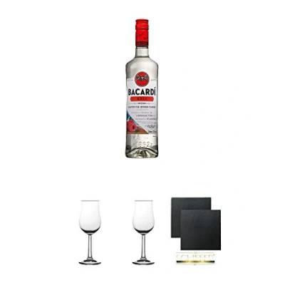 Abbildung von Bacardi Razz Bahamas 0,7 Liter + 2 Bugatti Nosing Gläser mit Eichstrich 2cl und 4cl Schiefer Glasuntersetzer eckig ca. 9,5 cm Ø