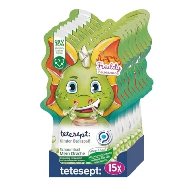 Abbildung von tetesept Kinder Badespaß Schaumbad Mein Drache mit fruchtigem Apfelduft und pflegender Hautrezeptur Drachenstarker Badeschaum grünes Wasser 15 x 40 ml