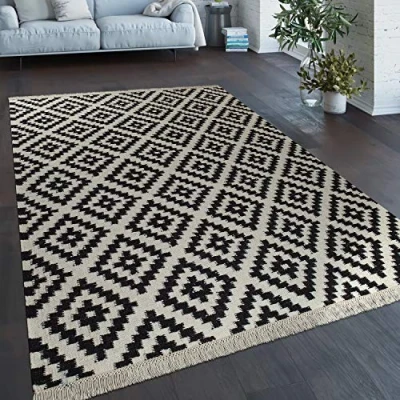 Abbildung von Paco Home Wollteppich &quot;Kenitra 500&quot;, rechteckig, Flachgewebe, reine Wolle, handgewebt, Rauten Design, mit Fransen