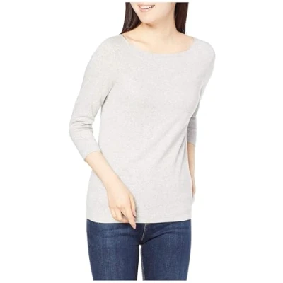 Abbildung von Amazon Essentials Damen Einfarbiges T Shirt mit U Boot Ausschnitt und 3/4 Ärmeln in schmaler Passform, Hellgrau Meliert, L