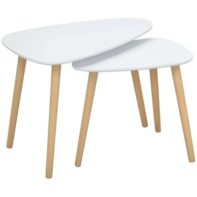 Abbildung von HOMCOM 2er Set Beistelltische, platzsparende Satztische, Couchtische mit Holzbeinen, Sofatische im Skandi Design für Wohnzimmer Belastbar bis 10 kg Weiß+Natur