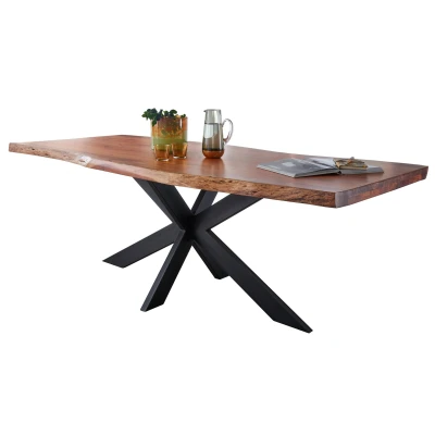 Abbildung von Massivart® Baumkantentisch TIM / Massivholz Akazienholz 55 mm Tischplatte, Baumkante X Gestell schwarz Industrial Look