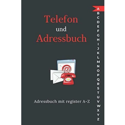 Abbildung von Telefon und Adressbuch mit register A Z: Kontaktbuch für Adressen, Telefonnummern, Mailadressen, Geburtstage Nofallnummern. a5
