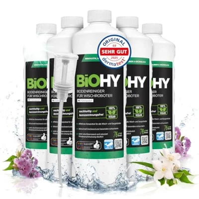 Abbildung von BiOHY Bodenreiniger für alle Wischroboter mit Frühlingsduft (6 x 1 Liter) + Dosierer Schaumarm &amp; Streifenfrei Reinigungsmittel Konzentrat Böden