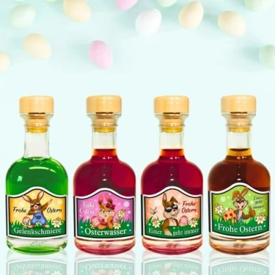 Abbildung von 4er Set Mini Apotheker Osterliköre Osterüberraschung Kleinigkeit zu Ostern Pfefferminz Amarena Kirsch Likör Kräuterlikör als Geschenk Scherzartikel Spaß Humorapotheke