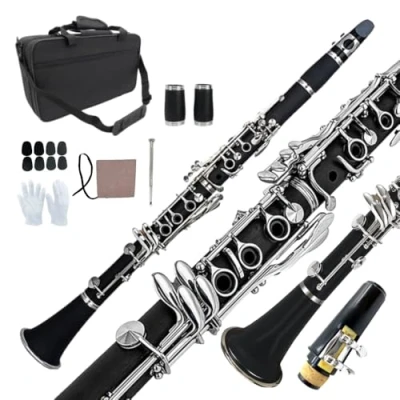 Abbildung von WUQIMUSC Bb Klarinette für Schüler Ebonit Holz B Flach 17 Schlüssel Nickel Plated Anfänger set 2 Fässer mit Reinigungstuch Handschuhe Schwarz Orchester Musikinstrument