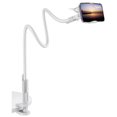 Abbildung von SAIJI Handy Halter für Bett, Schwanenhals Halterung, 360 Drehbare Flexible Lang Arm Mobile Halterung handyhalterung Tisch iPhone 14 13 12 Pro Xs, Samsung S21, 4&quot; 7&quot; Screen Devices (Weiß)