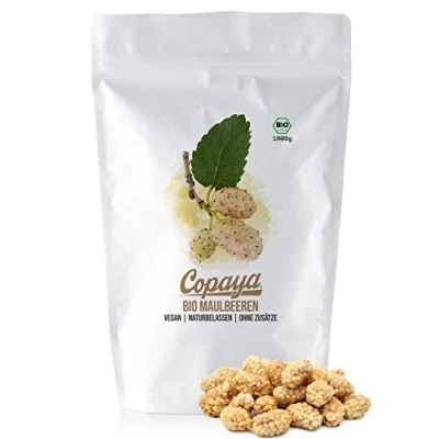Abbildung von Weiße Bio Maulbeeren Sonnengetrocknet in Rohkostqualität 100% Naturbelassen Unbehandelte Zarte &amp; Honigsüße Beeren aus kontrolliert biologischem Anbau 1000g (1kg)