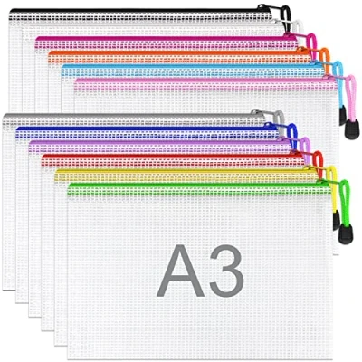 Abbildung von 12 Stück bunte Dokumententasche A3 wasserdichte Reissverschluss,Datei Tasche Kunststoff für Dokumente, Quittung, Papier, Schule, Prüfungsblatt, Kosmetik, Reise