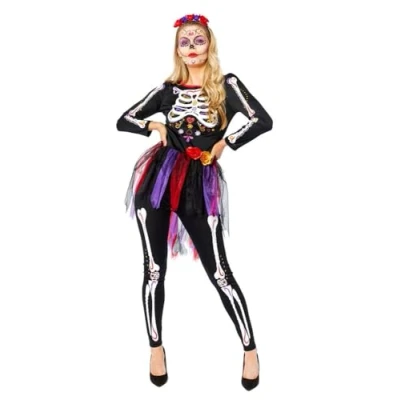 Abbildung von amscan Erwachsenenkostüm Tag der Toten Skelett für Damen, Halloween Kostüm, Größe: 36 48, mehrfarbig, 8 10